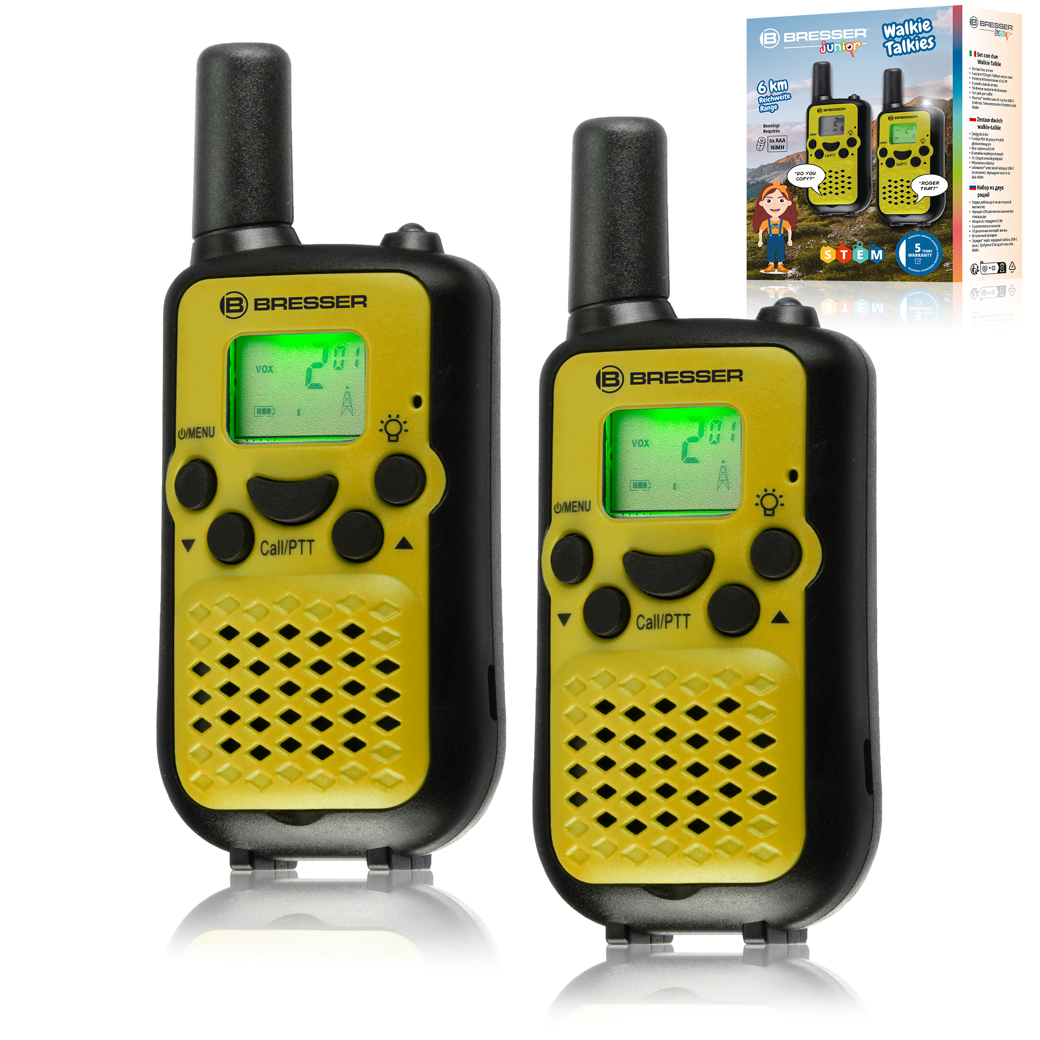 Juego de 2 walkie-talkies BRESSER JUNIOR con gran alcance hasta 6 km y función de manos libres