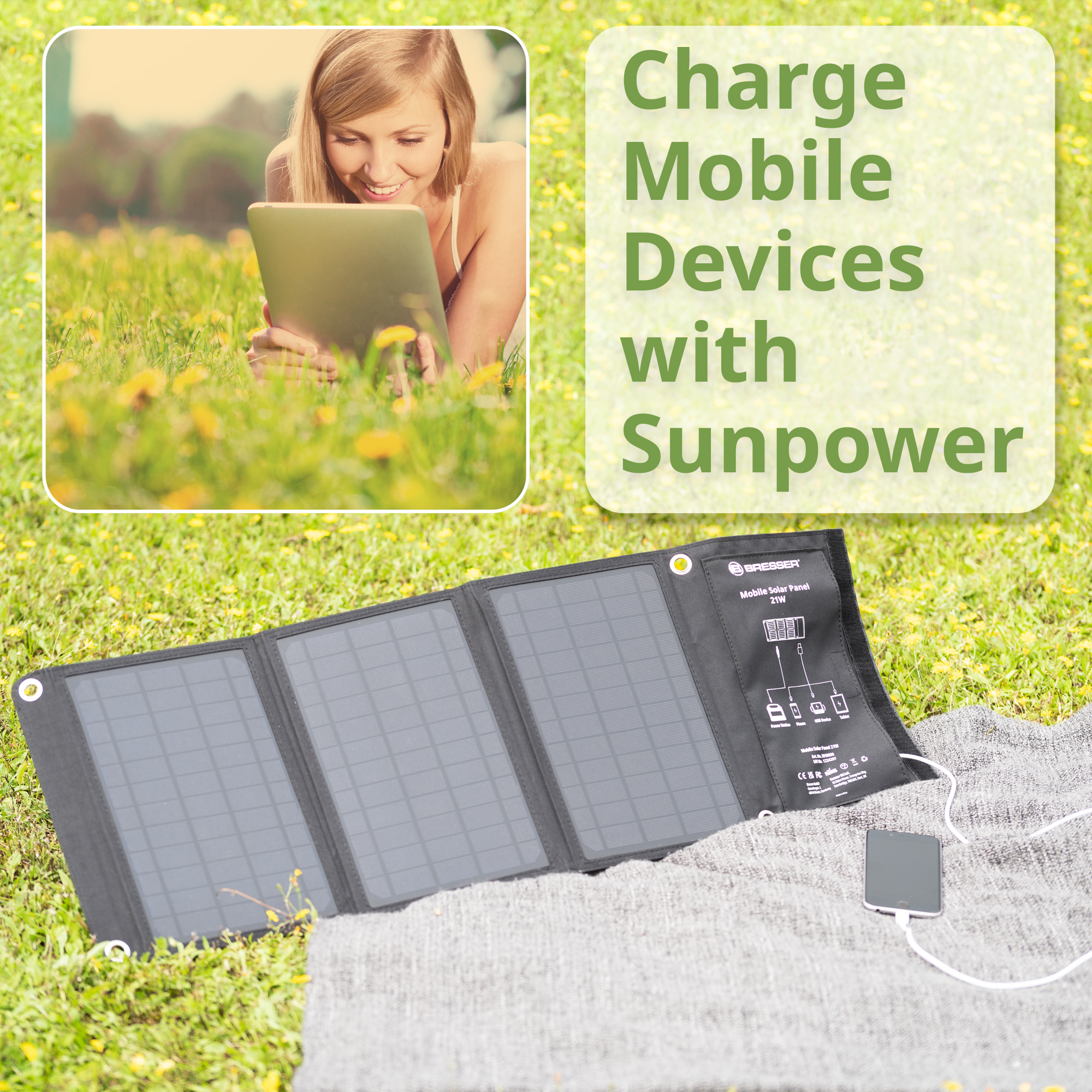 Cargador solar móvil BRESSER de 21 vatios con salida USB y DC