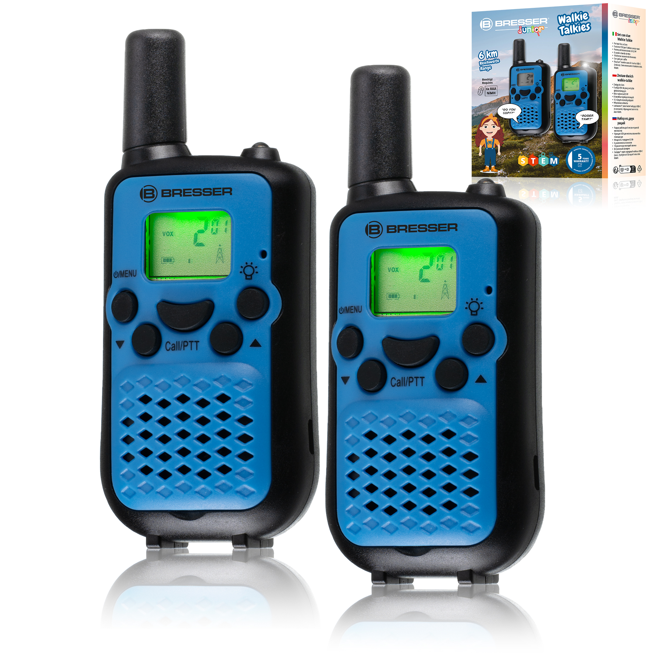 Juego de 2 walkie-talkies BRESSER JUNIOR con gran alcance hasta 6 km y función de manos libres