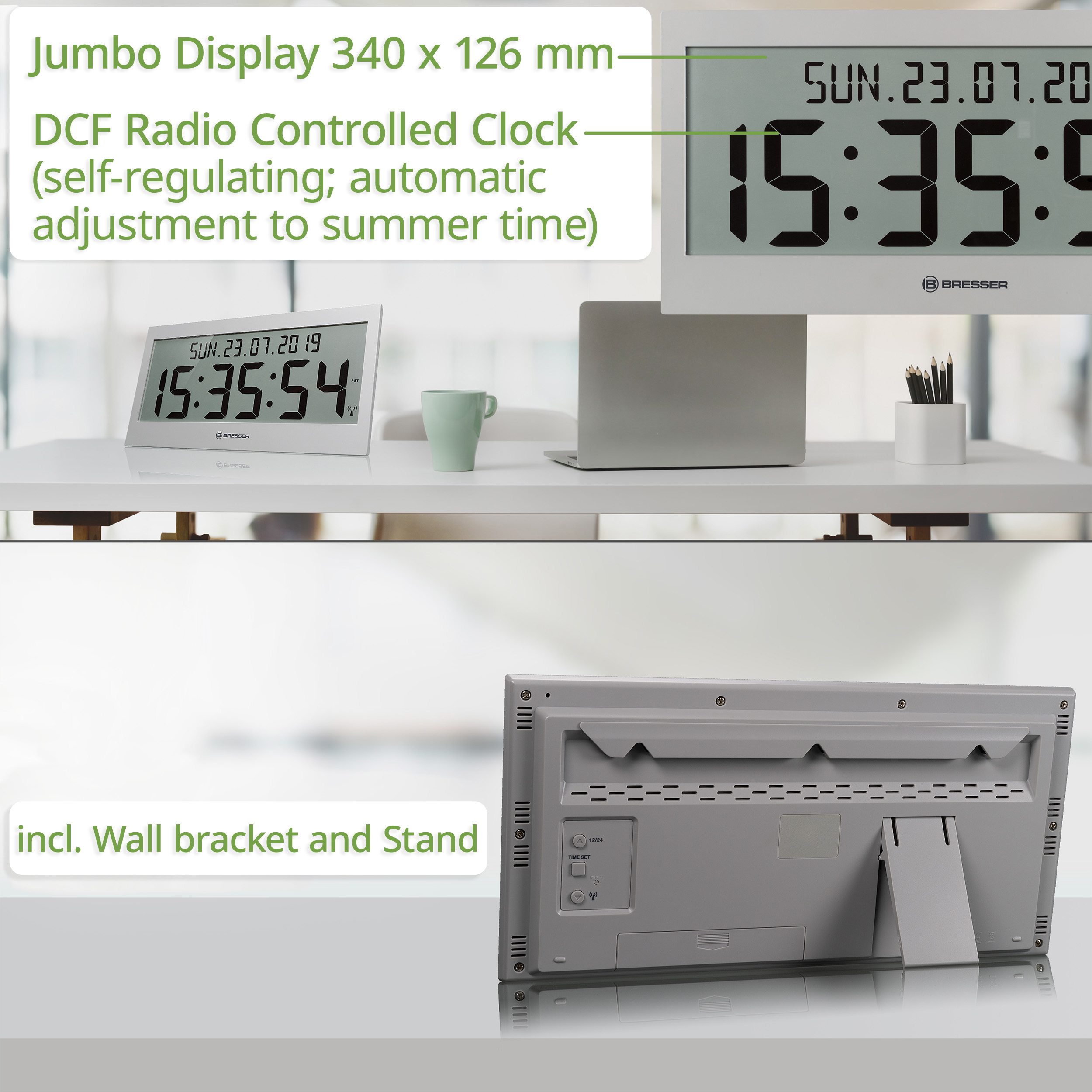 Reloj de pared BRESSER LCD Jumbo controlado por radio DCF