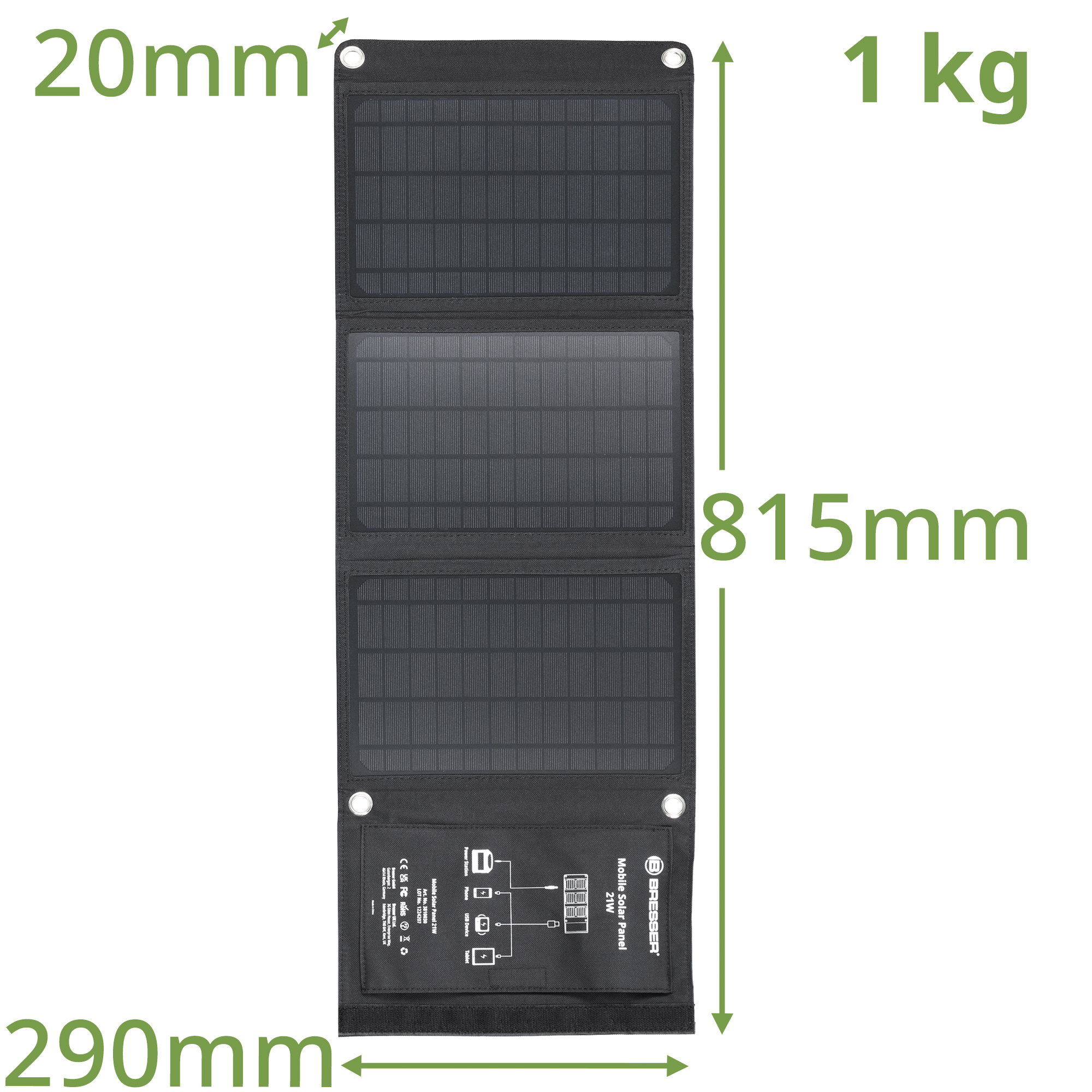 Cargador solar móvil BRESSER de 21 vatios con salida USB y DC